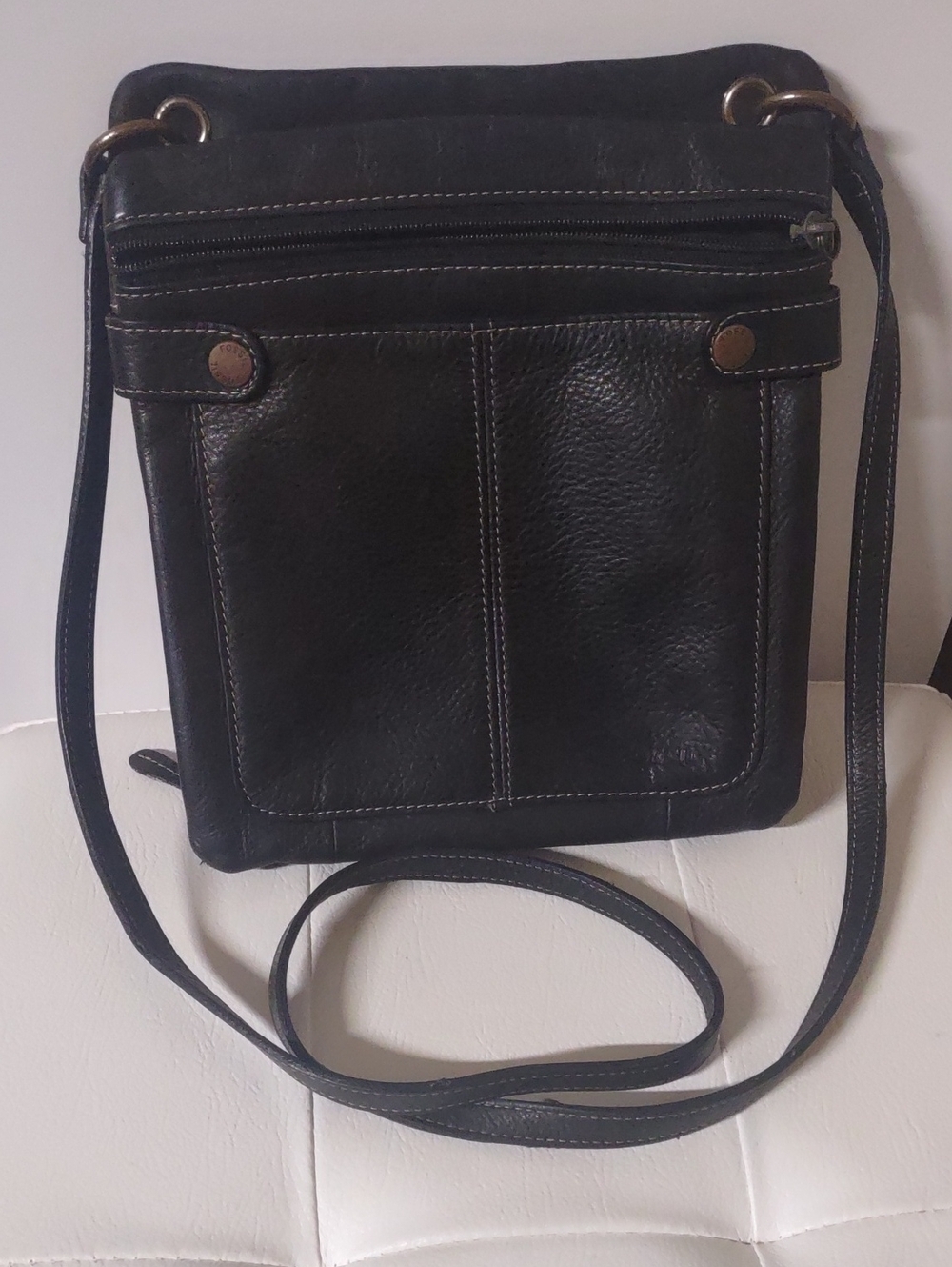 Fossil Black Leather Crossbody Bag 5-zipper Compartments Size- 9"x8"x4"